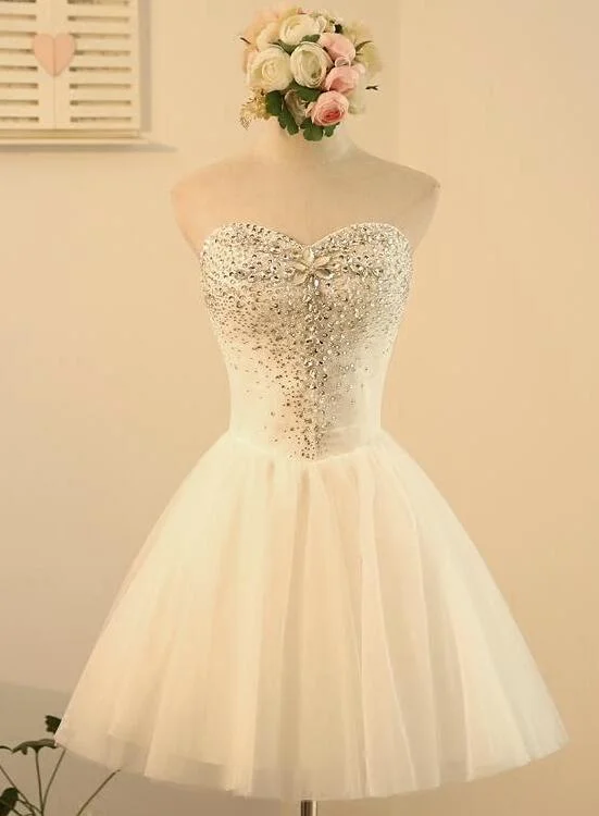 Cute White Short Beaded Tulle Homecoming Dresses, Lovely Teen Formal Dress