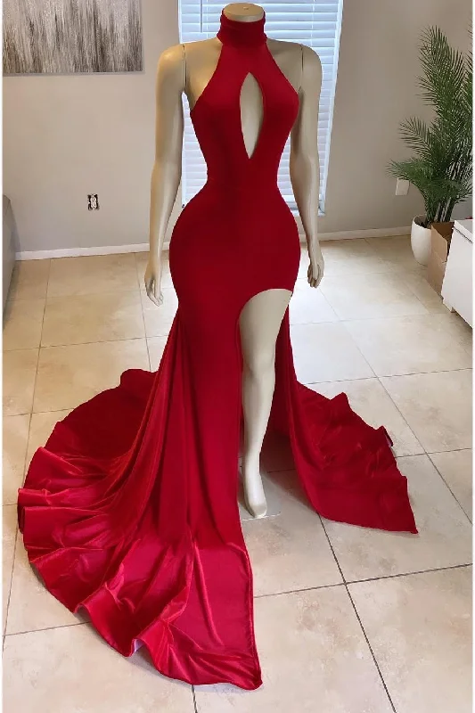 Modern High Neck Red Mermaid Prom Dress Long Split With Sleeveless c2974