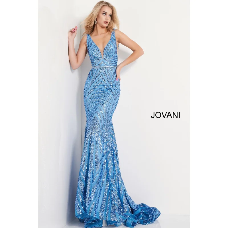 Jovani 03570 Light Blue Plunging Neck Sleeveless Prom Dress