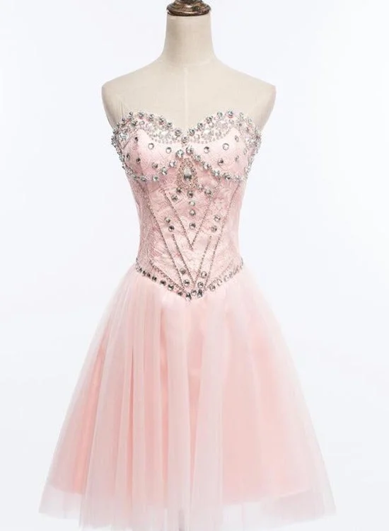 Light Pink Beaded Tulle and Lace Sweetheart Homecoming Dress, Pink Tulle Prom Dress