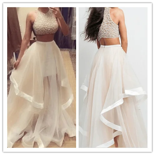 White Beading Two Pieces Real Made Evening Dresses Prom Dresses
