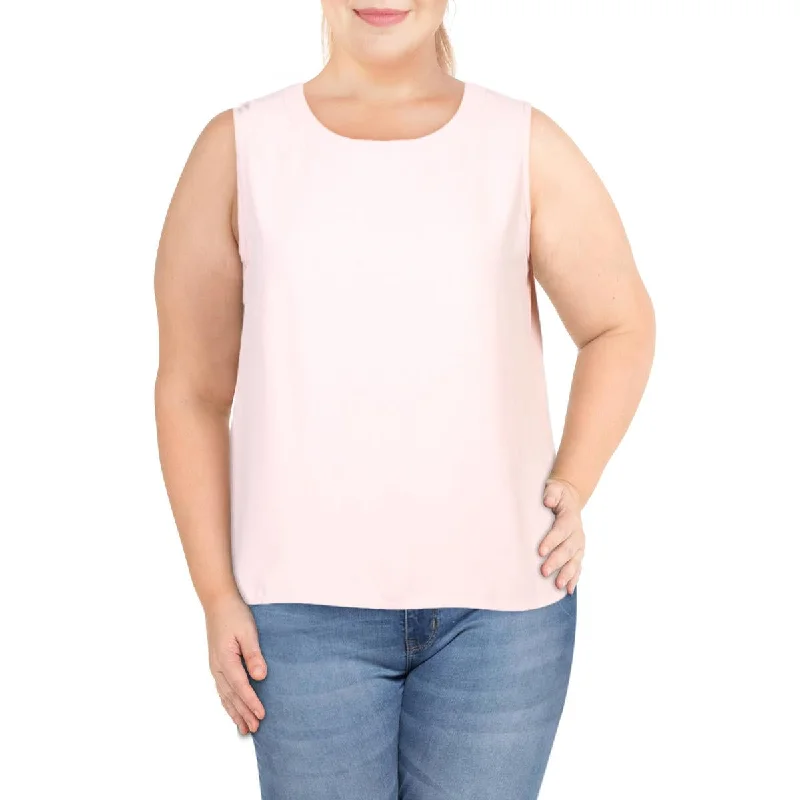 Anne Klein Womens Plus Solid Sleeveless Blouse Collared Satin Blouse