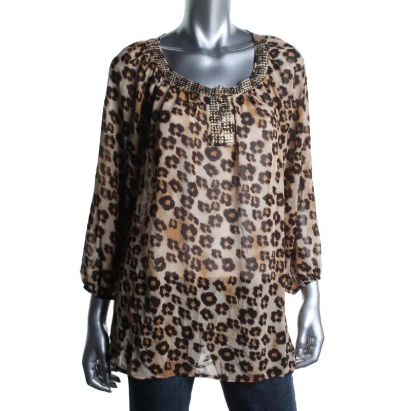 Charter Club Womens Animal Print 3/4 Sleeves Blouse Ruched Sleeve Blouse
