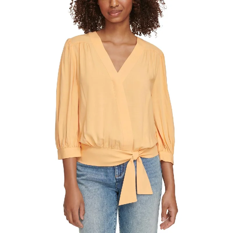 Karl Lagerfeld Paris Womens Tie Waist Tencel Blouse Casual Button Blouse