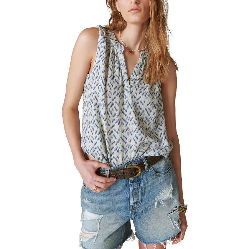 Lucky Brand Womens Sleeveless V-Neck Blouse Ruched Sleeve Blouse
