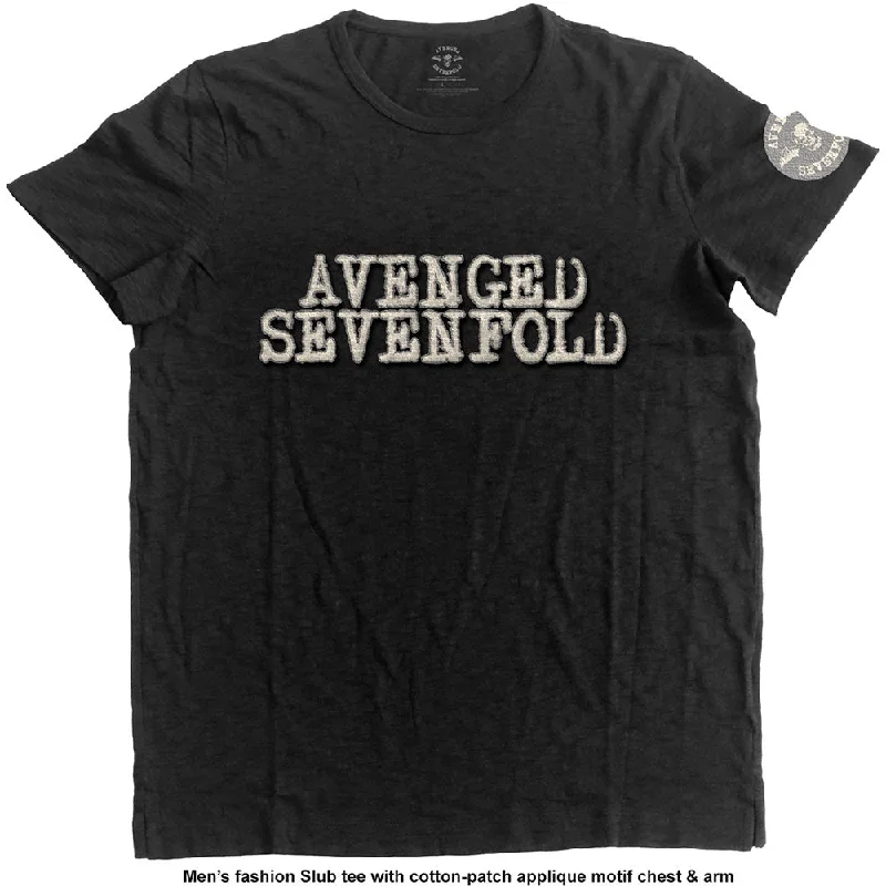 Avenged Sevenfold Unisex Fashion T-Shirt: Logo & Death Bat (Applique Motifs) Silk Blend Satin Velvet Avenged Sevenfold Unisex Fashion T-Shirt: Logo & Death Bat (Applique Motifs) Silk Blend Satin Velvet