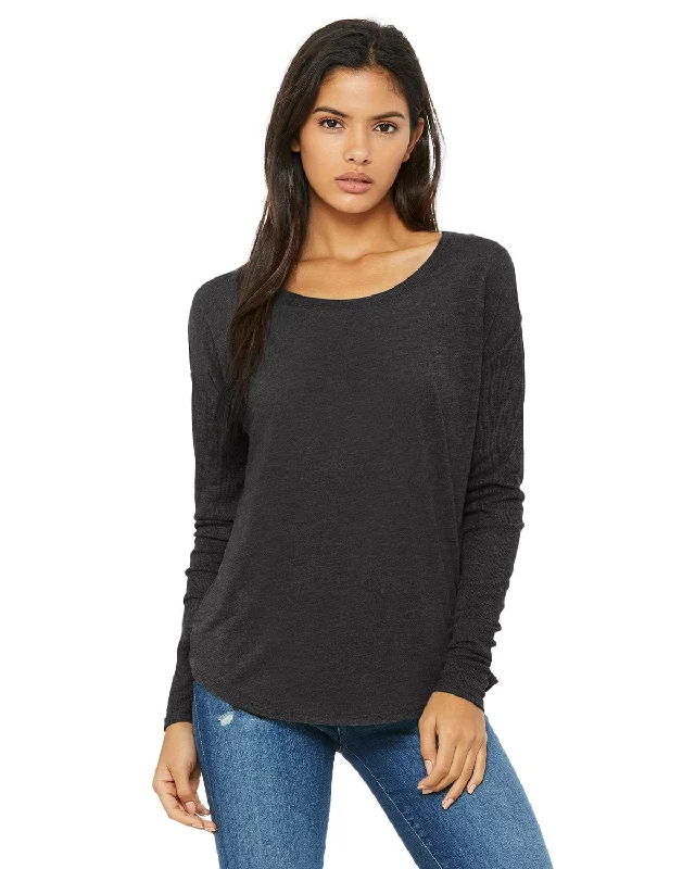 Bella+Canvas Ladies Flowy Long Sleeve T-Shirt with 2x1 Sleeves | Drk Grey Heather Satin Fabric Silk Fabric Chiffon Fabric Bella+Canvas Ladies Flowy Long Sleeve T-Shirt with 2x1 Sleeves | Drk Grey Heather Satin Fabric Silk Fabric Chiffon Fabric
