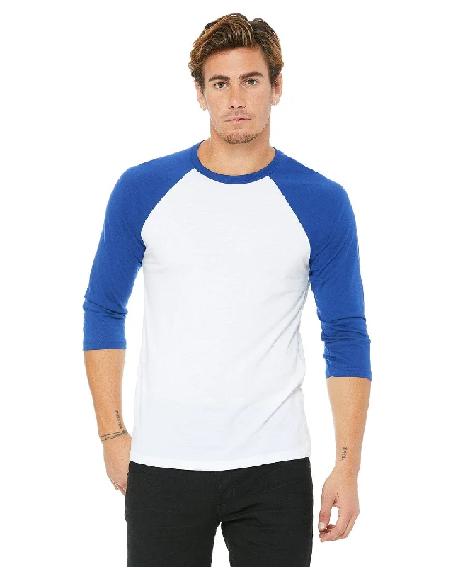 Bella+Canvas Unisex Triblend 3/4-Sleeve Baseball T-Shirt | White/ Tr Royal Graphic Embroidered Appliqued