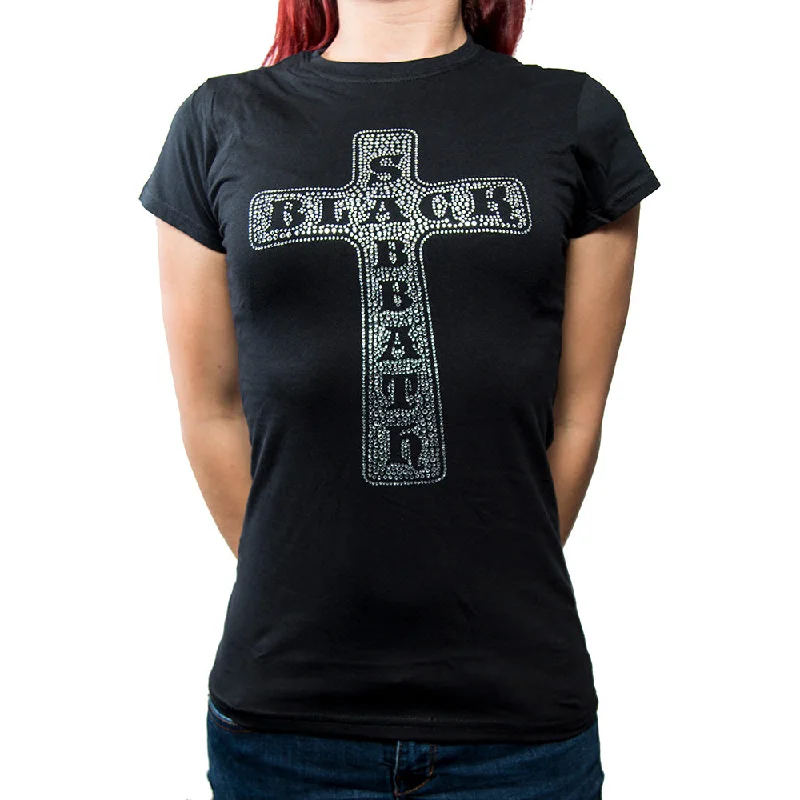 Black Sabbath Ladies Fashion T-Shirt: Cross (Diamante) Jersey Fabric Tulle Fabric Batik Fabric Black Sabbath Ladies Fashion T-Shirt: Cross (Diamante) Jersey Fabric Tulle Fabric Batik Fabric