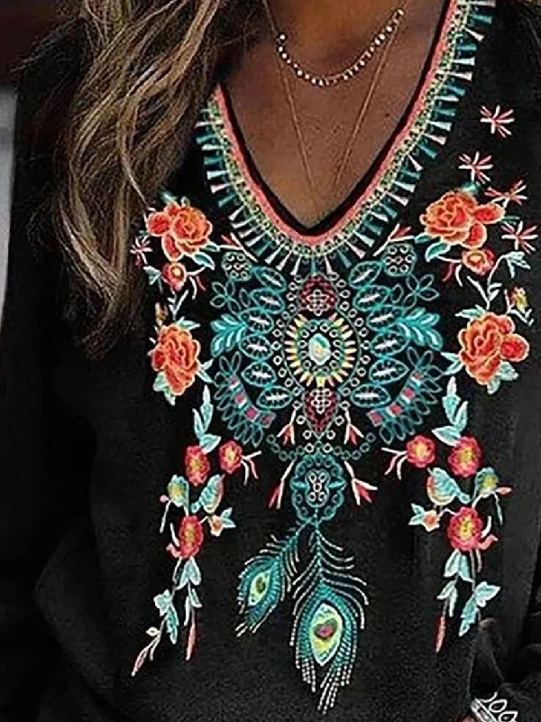 Bohemian Style V-Neck Long Sleeve Tee Iron Safe Non-Iron Wrinkle Free