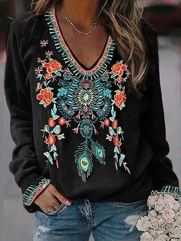 Casual Long Sleeve Floral Tee Lace Blend Ribbed Blend Corduroy Blend