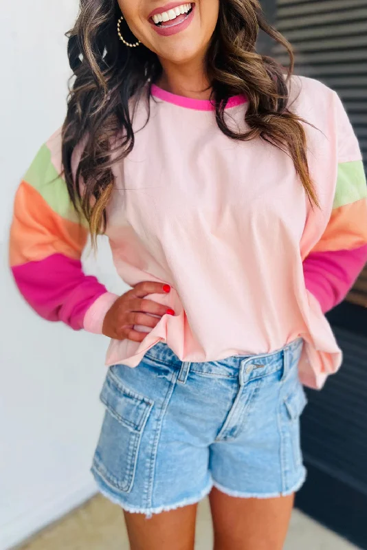Casual Long Sleeve T-Shirt with Rainbow Accent Terry Blend Velvet Blend Canvas Blend