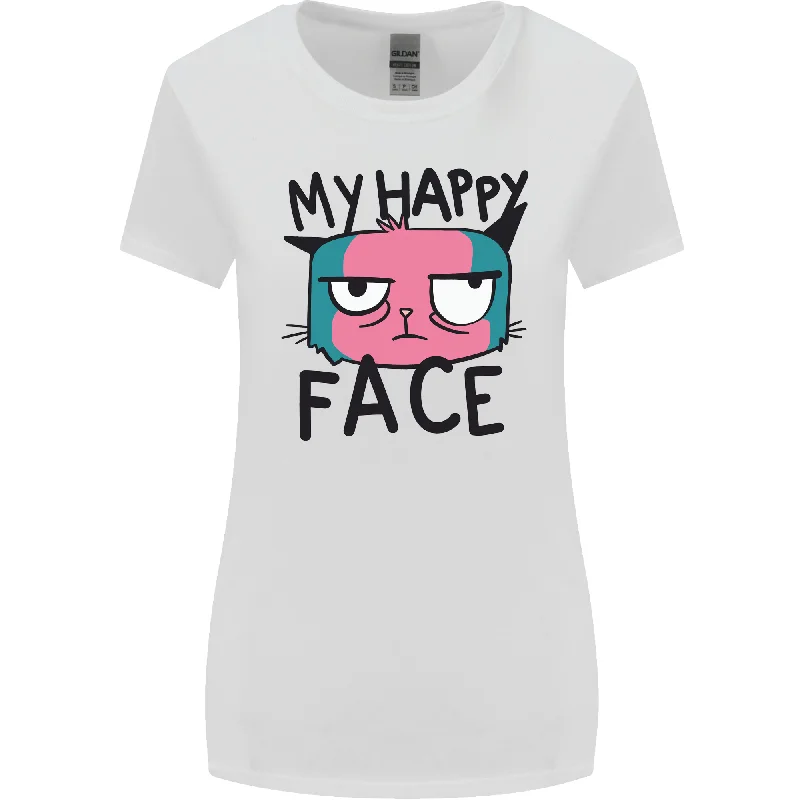 Cat My Happy Face Funny Grumpy Womens Wider Cut T-Shirt Hooded Caped Shawl Collar