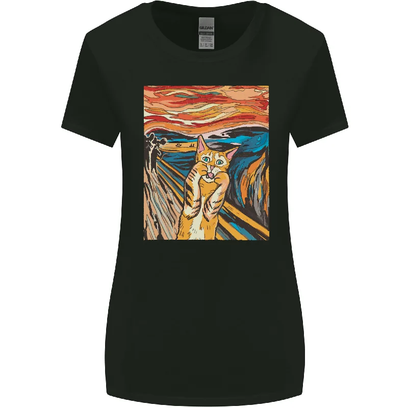 Cat Scream Painting Parody Womens Wider Cut T-Shirt Polka Dot Checkered Tartan