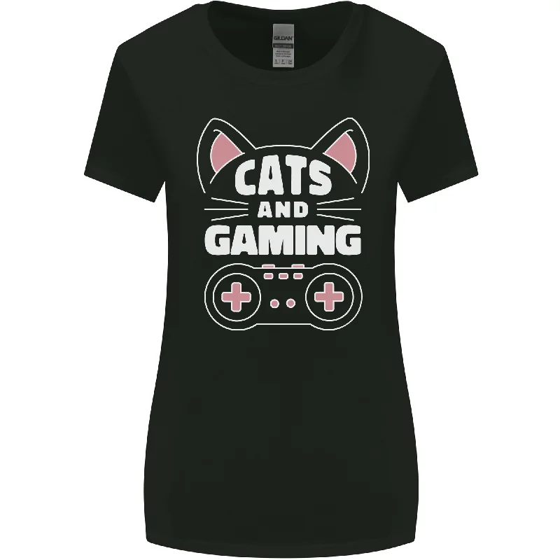 Cats and Gaming Funny Gamer Womens Wider Cut T-Shirt Hooded Caped Shawl Collar
