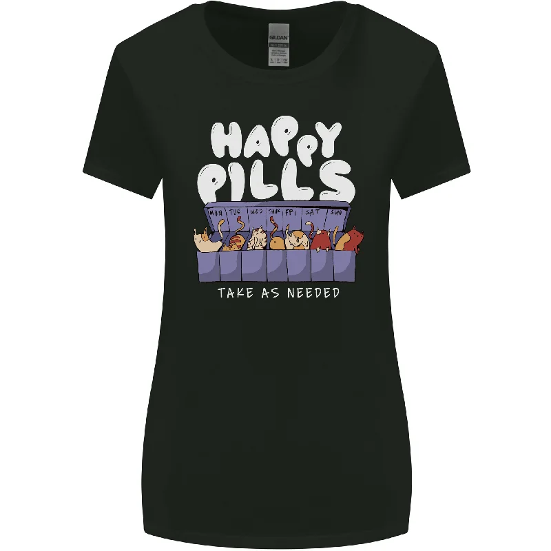 Cats Happy Pills Antidepressant Womens Wider Cut T-Shirt Beaded Sequined Faux Fur