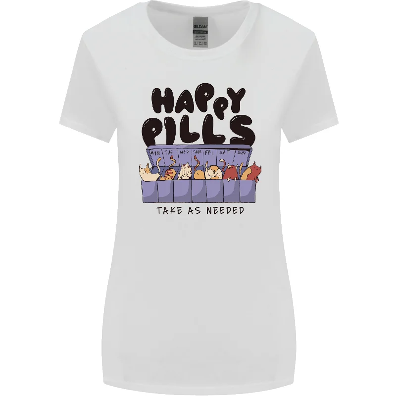 Cats Happy Pills Funny Feline Womens Wider Cut T-Shirt Polka Dot Checkered Tartan