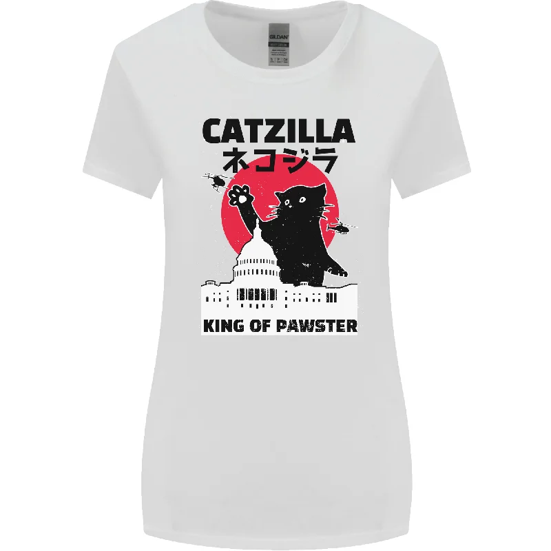 Catzilla Funny Cat Parody Womens Wider Cut T-Shirt Embroidered Appliqued Beaded