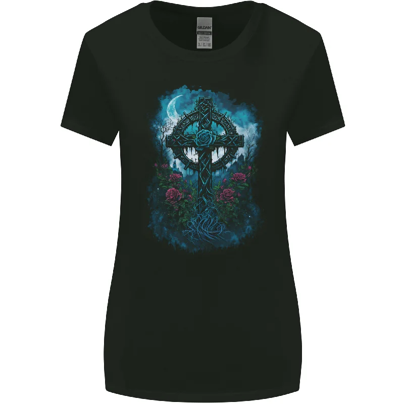 Celtic Cross in a Gothic Graveyard Womens Wider Cut T-Shirt Mesh Blend Leather Blend Suede Blend Celtic Cross in a Gothic Graveyard Womens Wider Cut T-Shirt Mesh Blend Leather Blend Suede Blend