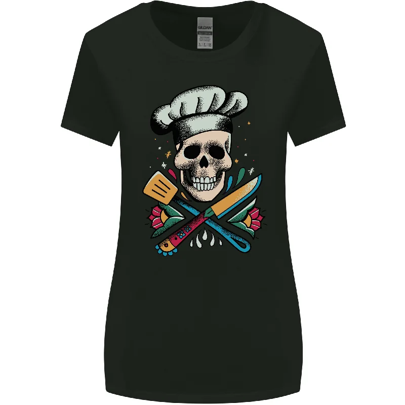Chef Skull Womens Wider Cut T-Shirt Satin Fabric Silk Fabric Chiffon Fabric