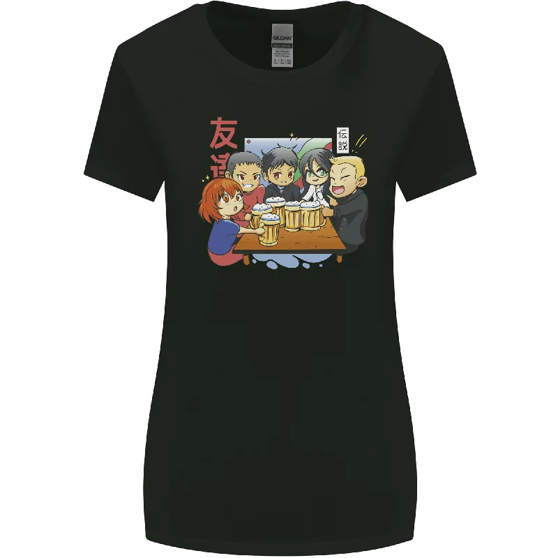 Chibi Anime Friends Drinking Beer Womens Wider Cut T-Shirt Notch Collar Peter Pan Collar Cowl Neck Chibi Anime Friends Drinking Beer Womens Wider Cut T-Shirt Notch Collar Peter Pan Collar Cowl Neck