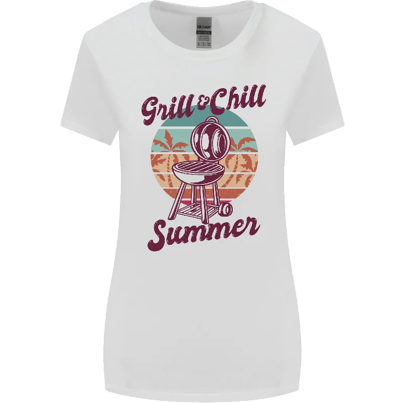 Chill & Grill Funny Summer BBQ Braai Womens Wider Cut T-Shirt Zippered Front Buttoned Front Snap Front Chill & Grill Funny Summer BBQ Braai Womens Wider Cut T-Shirt Zippered Front Buttoned Front Snap Front