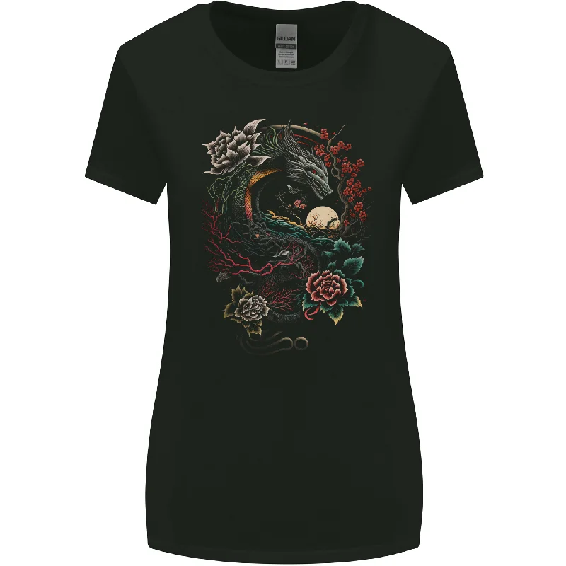 Chinese Dragon Fantasy 2 Womens Wider Cut T-Shirt Houndstooth Herringbone Solid