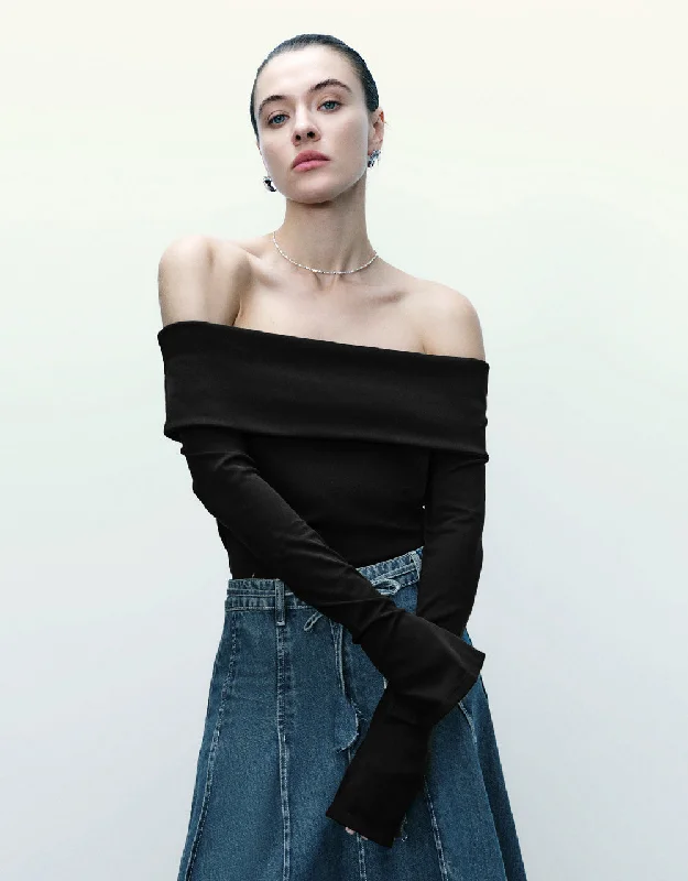 Knitted Off-Shoulder Skinny T-Shirt Denim Fabric Leather Fabric Suede Fabric