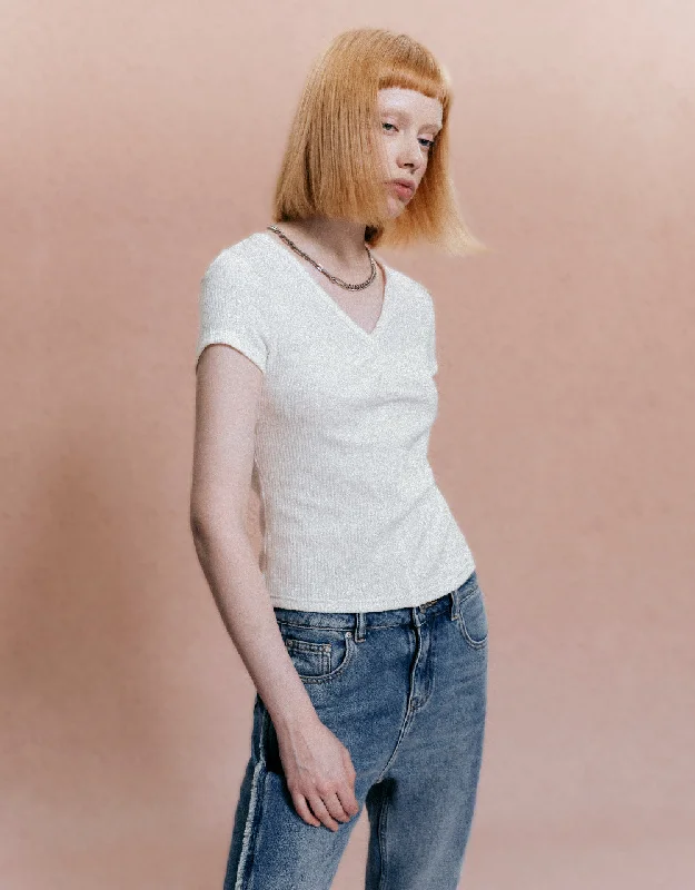 Knitted V-Neck Skinny T-Shirt Real Fur Shearling Chenille