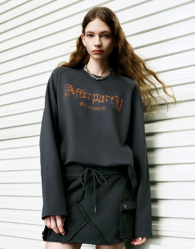 Letter Printed Crew Neck Loose T-Shirt Sequined Glittery Shiny