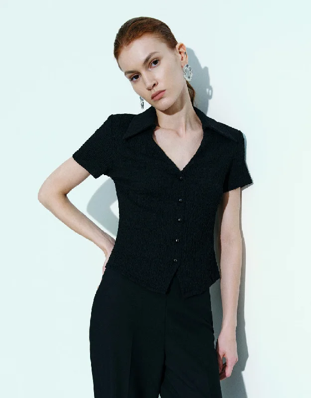 Shirred V-Neck Skinny T-Shirt Wool Fabric Cashmere Fabric Tweed Fabric
