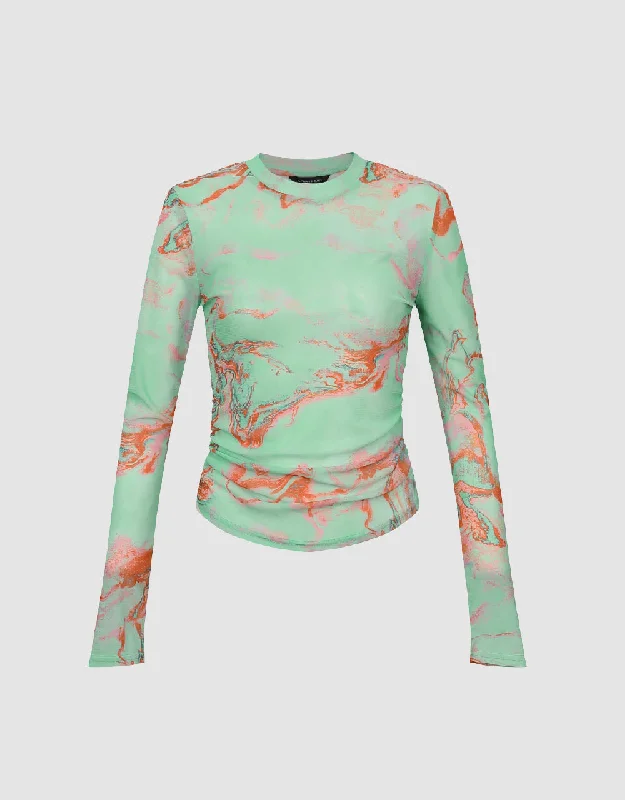 Printed Crew Neck Skinny T-Shirt Real Fur Shearling Chenille
