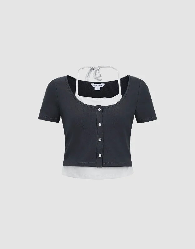 2 In 1 Halter Neck Knitted T-Shirt Mesh Canvas Denim