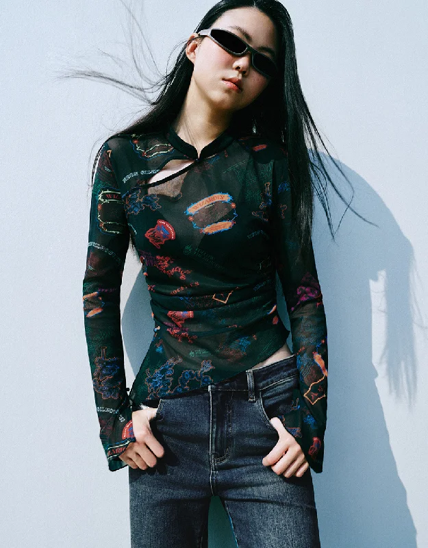 Printed Band Collar Skinny T-Shirt Polka Dot Checkered Tartan