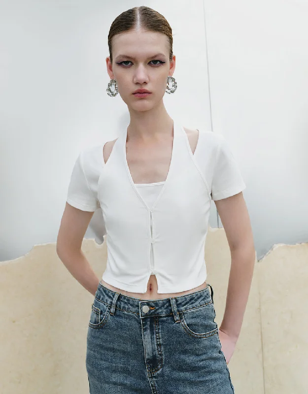 2 In 1 Halter Neck Straight T-Shirt Striped Floral Plaid