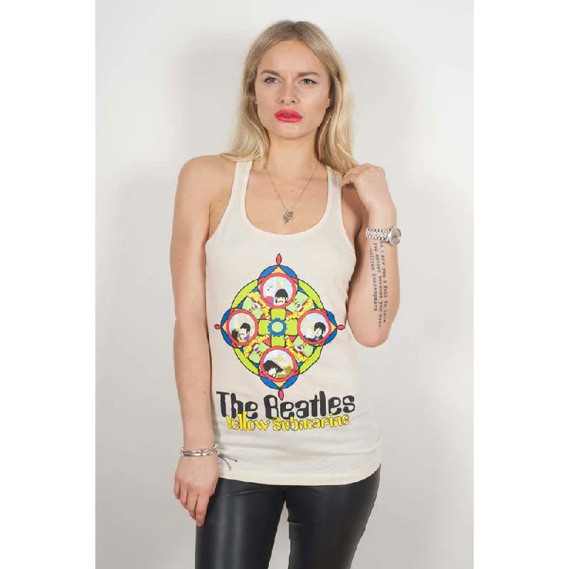 The Beatles Ladies Vest T-Shirt: Yellow Submarine & Portholes Sequined Glittery Shiny