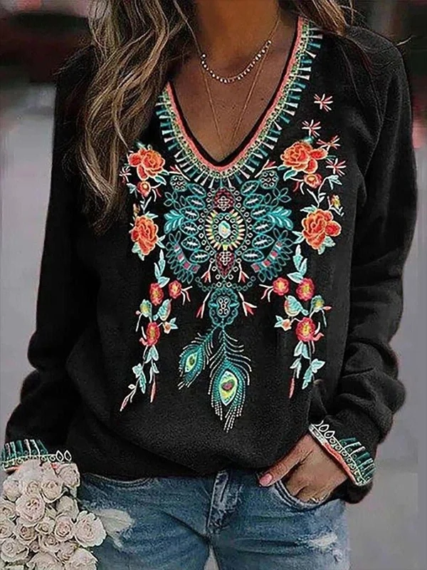 Trendy Floral and Peacock Design Tee Fleece Nylon Spandex