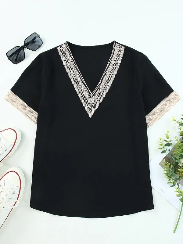 V-Neck Short Sleeve T-Shirt with Lace Accents Rayon Velvet Corduroy