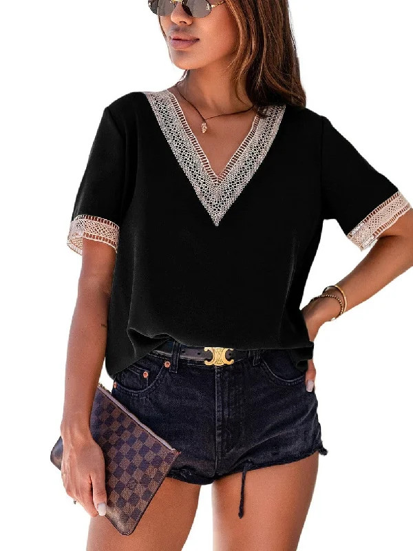 V-Neck T-Shirt with Beige Lace Ribbed Striped Patterned