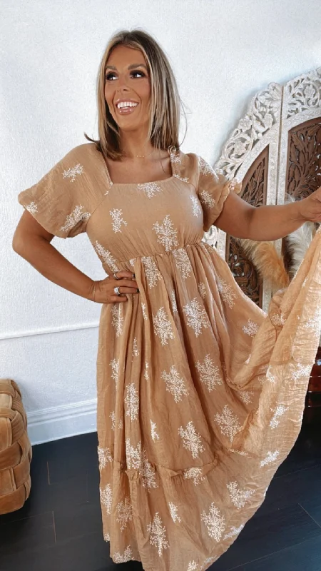 Embroidered Bubble Sleeve Maxi Dress, Camel Comfortable Bohemian Maxi Dress