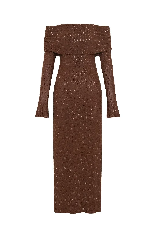 Marcel Off Shoulder Diamante Maxi Dress Brown by Meshki Stylish Button-Up Maxi Dress