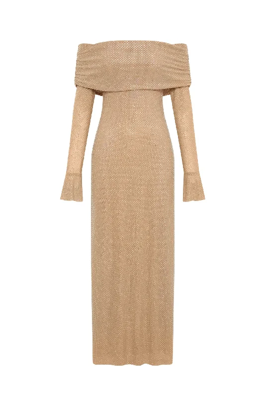 Marcel Off Shoulder Diamante Maxi Dress Nude by Meshki Elegant Maxi Dress with Drapes