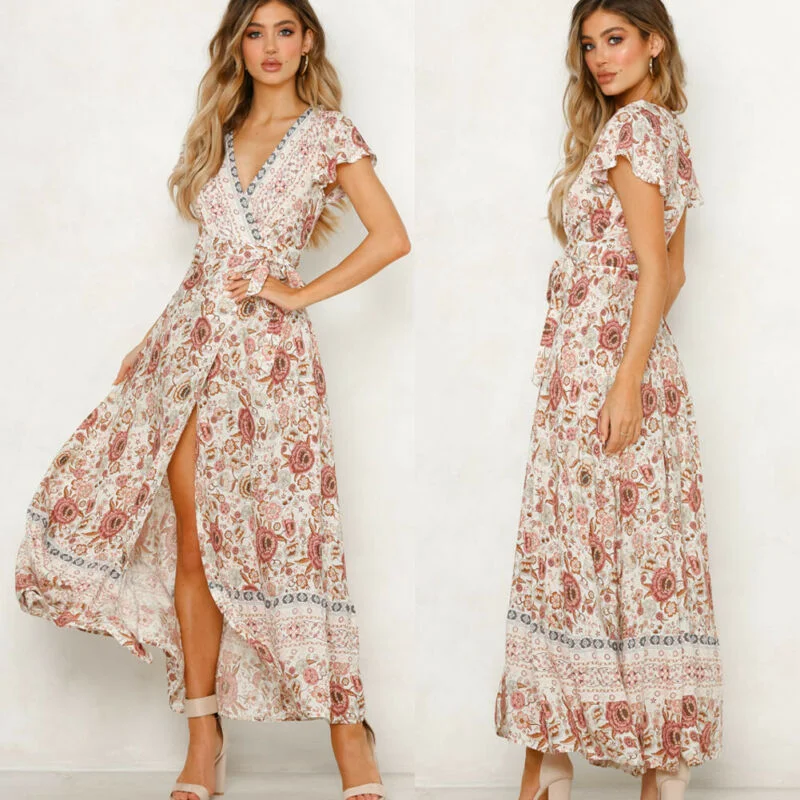 Zjkrl - Women Bohemian V Neck Summer Maxi Dress Butterfly Short Sleeve Floral High Split Long Dress Wrap High Waist Bandage Sundress Cozy Ruffle Sleeve Maxi Dress