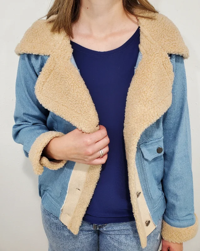 FAUX FUR TRIM JACKET - BLUE COMBO Appliqued Jacket Beaded Jacket Sequined Jacket