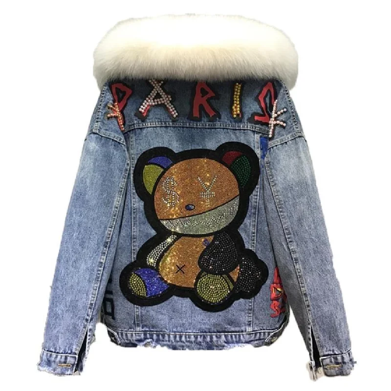FOXY LADY Beary Sequined Denim Jacket Denim Fabric Leather Fabric Suede Fabric