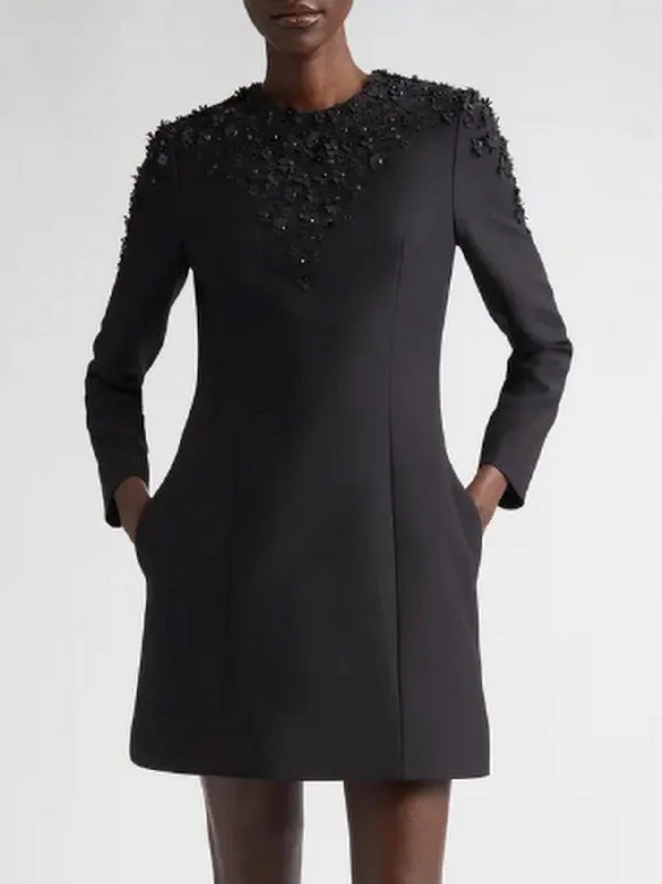 Black Floral-Appliques Long-Sleeve Mini Dress Elegant Sequin Mini Dress
