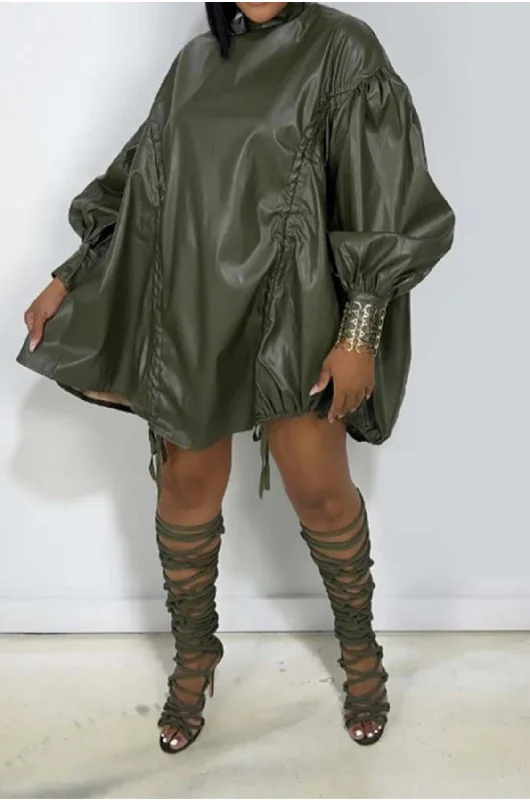 Green Leather Schrunchy Mini Dress Elegant Vintage Mini Dress