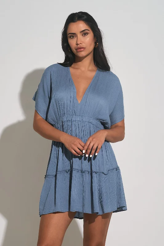 V-Neck Ruffle Bottom Mini Dress - Deep Blue Cozy Ribbed Mini Dress