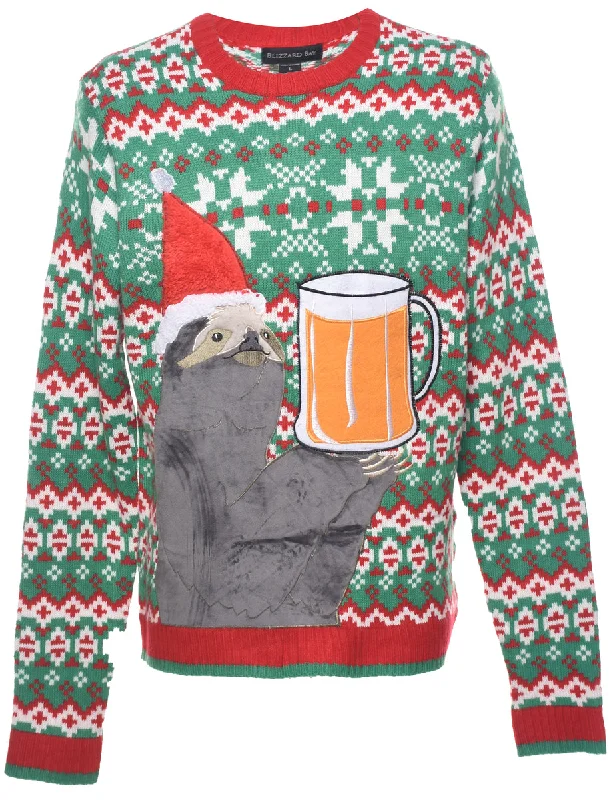 Animal Design Christmas Jumper - L Toggled Drawstring Belted
