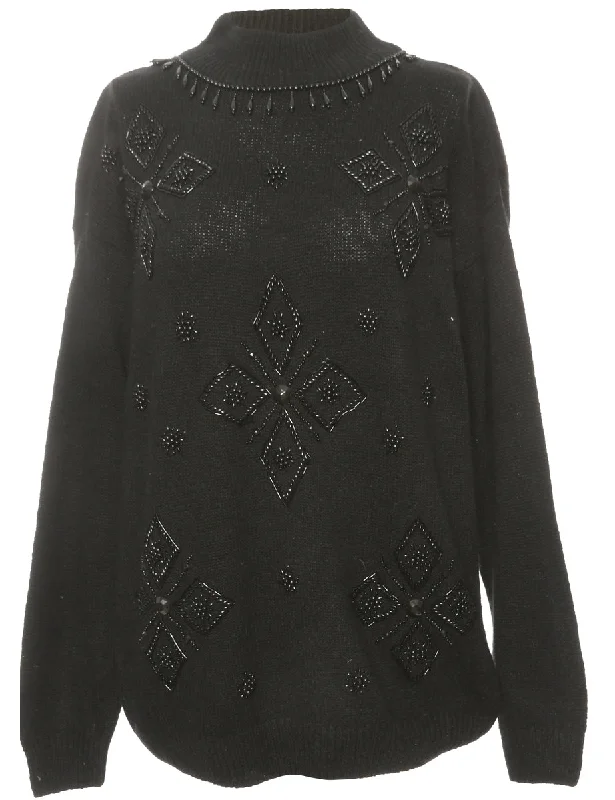 Embellished Black Jumper - M Boat Neck Shawl Collar Notched Collar